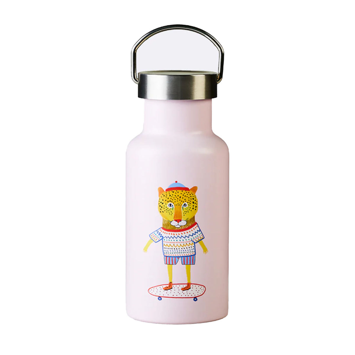 Bioloco Sky Kids Trinkflasche aus Edelstahl in Rosa, Motiv „Ollie“ mit skateboardendem Leoparden, Deckel mit Trageschlaufe
