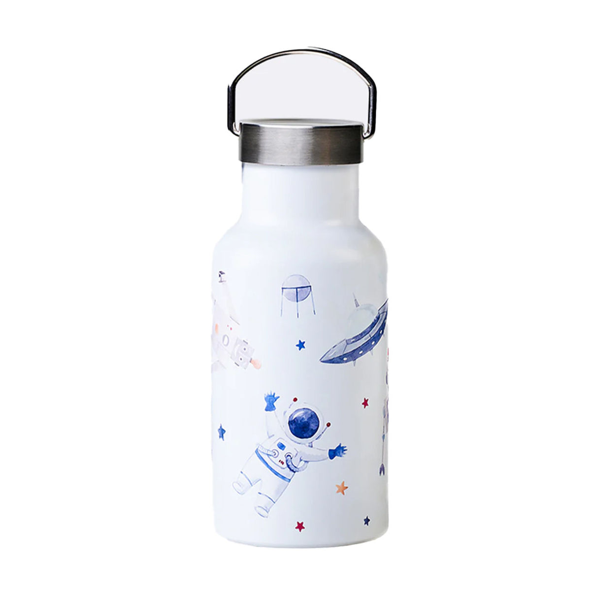 chic.mic Bioloco Sky Kids Trinkflasche 350 ml, weiß mit Astronauten- und Raumschiff-Motiven, Trageschlaufe