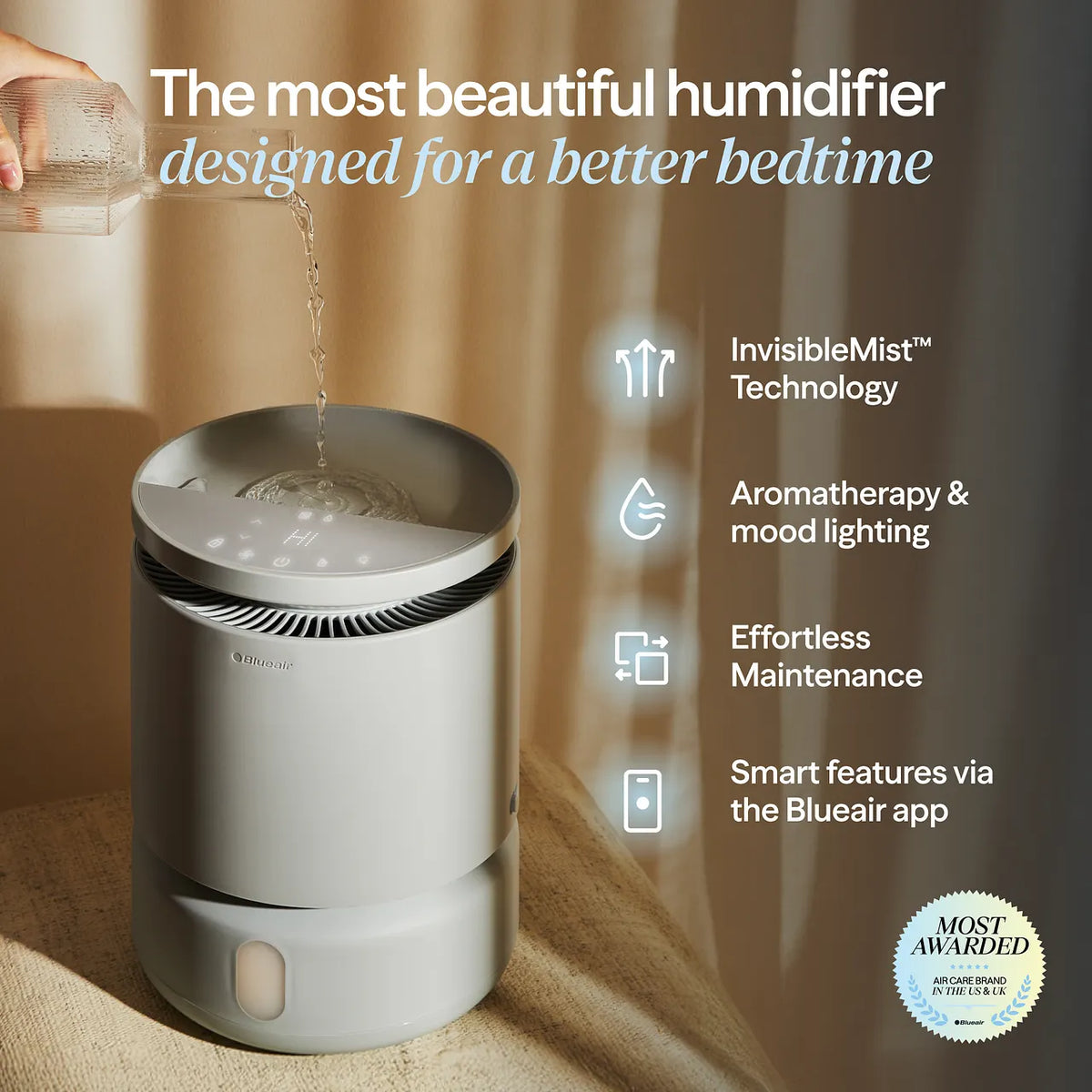 Blueair DreamWell H38i Luftbefeuchter in Grau wird mit Wasser befüllt, Grafik mit Funktionsmerkmalen und Siegel „Most Awarded“