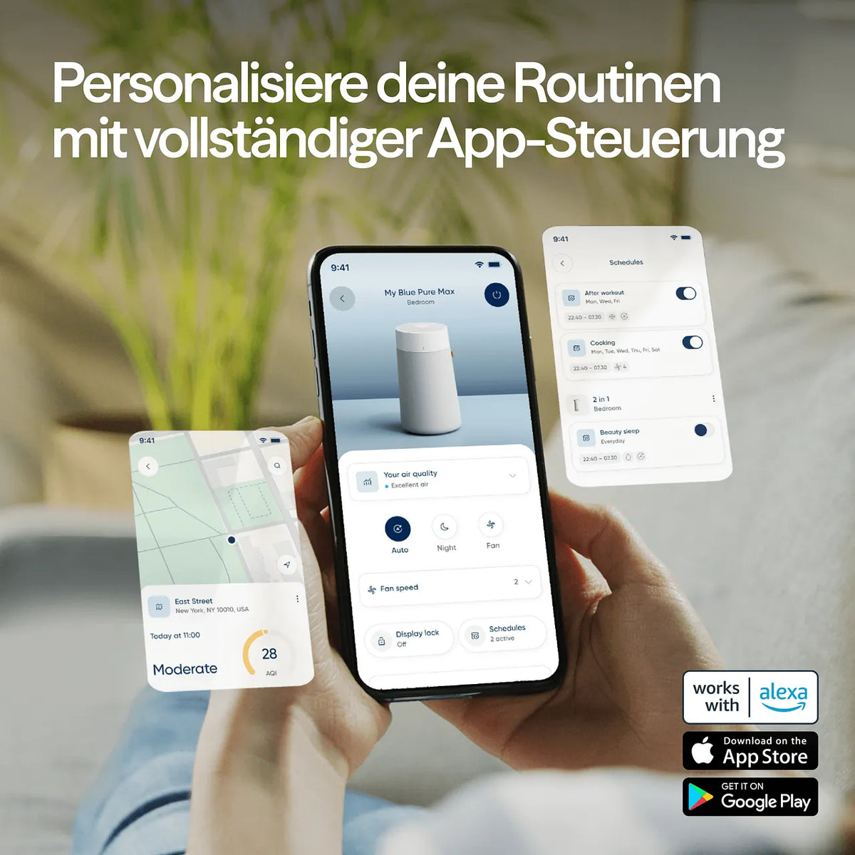 Hand hält Smartphone mit Blueair-App, Steuerung von Luftqualität, Zeitplänen und Luftreiniger „Blue Pure Max“